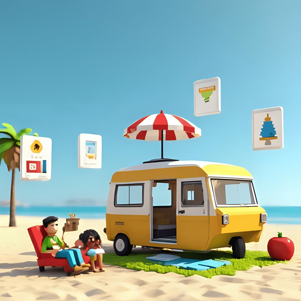 3D animation of a happy couple standing beside a financed caravan, surrounded by travel gear and sunshine.