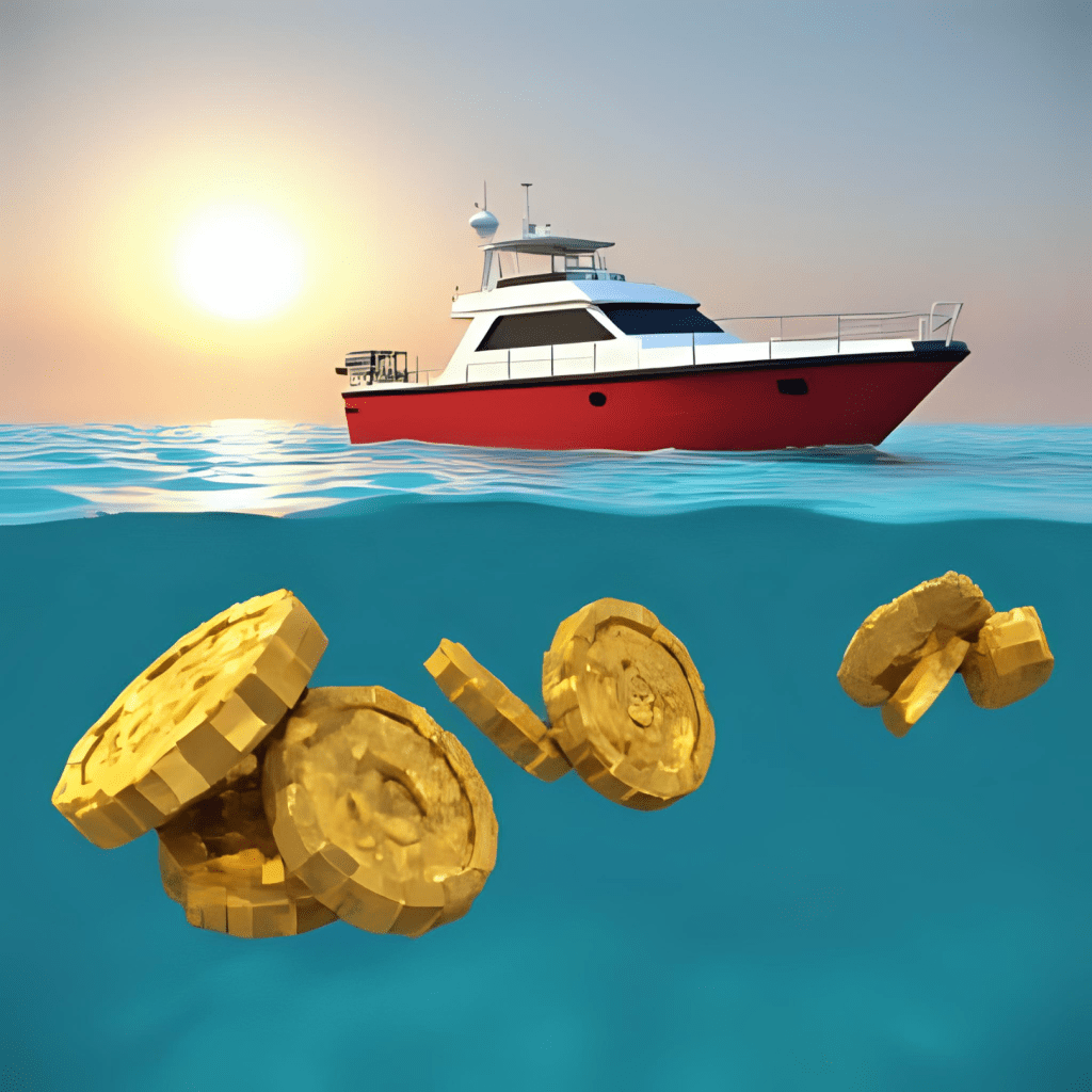 3D animated boat floating on blue water, with dollar signs above and a couple celebrating on deck.