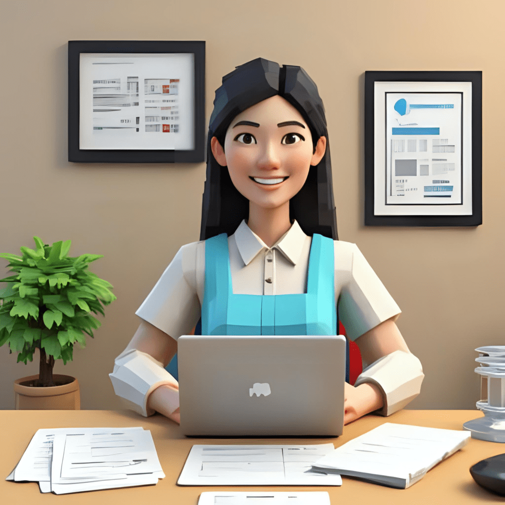 3D character holding ABN documents, standing beside a laptop with “Loan Approved” on screen, in a workshop or home office.